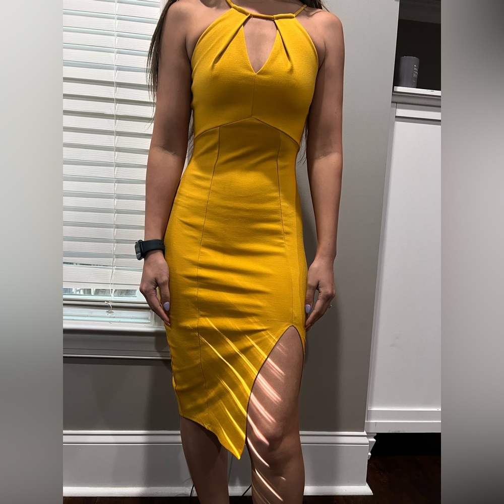 Yellow mustard keyhole dress with slit
